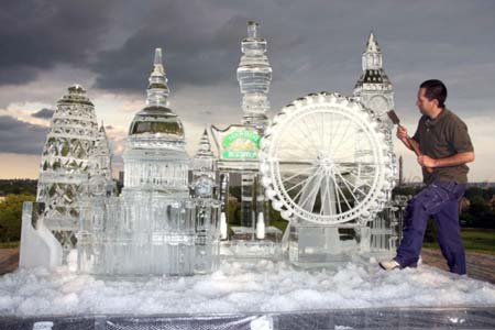 A sculpture of parts of london made of ice