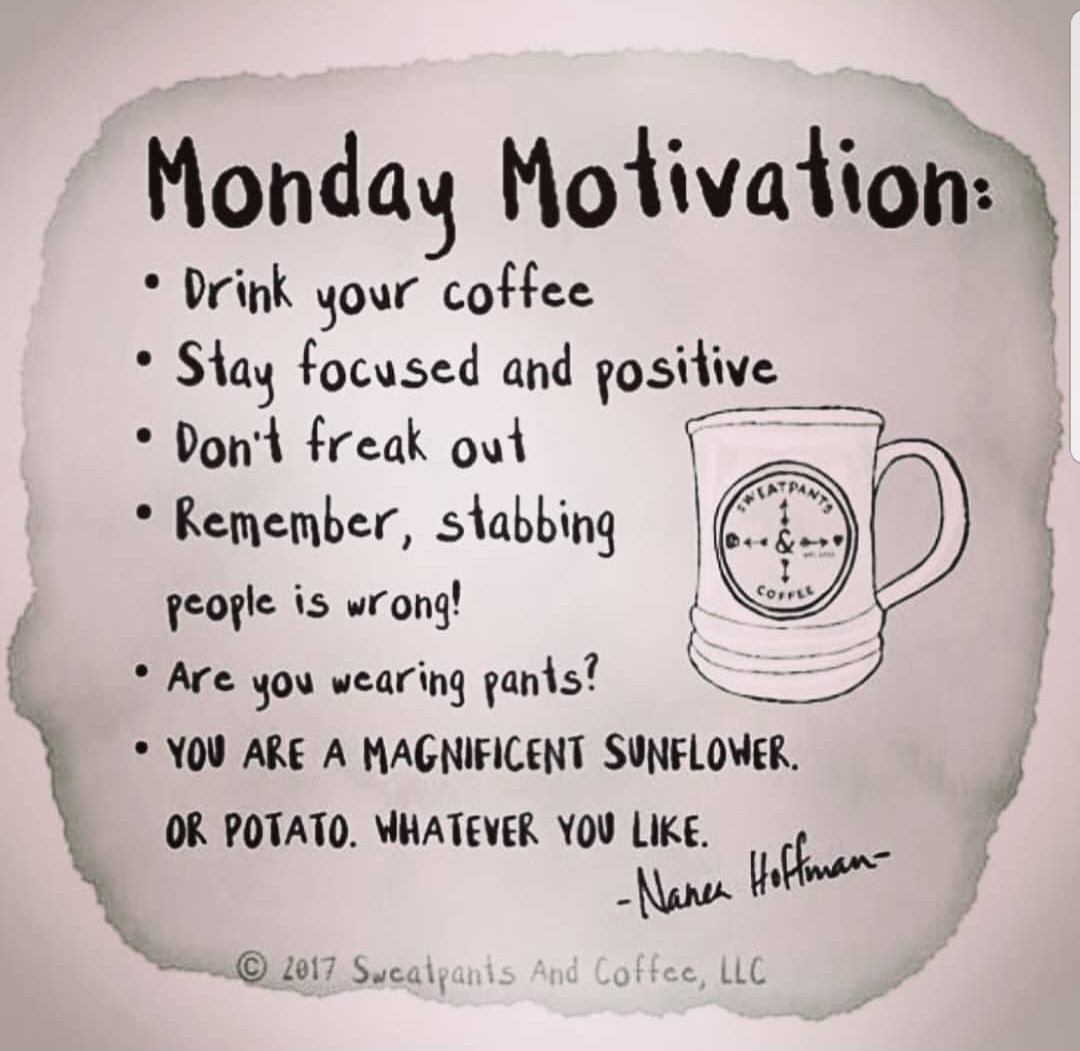dank meme monday motivation drink your coffee - Monday Motivation Drink your coffee Stay focused and positive Don't freak out Remember, stabbing people is wrong! . Are you wearing pants? You Are A Magnificent Sunflower. Or Potato. Whatever You . Nanen Hof