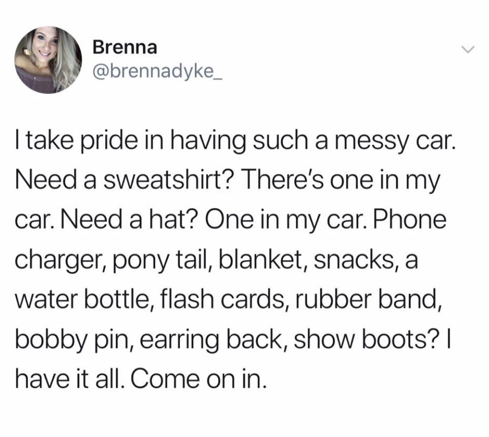 adam and eve from mars - Brenna Bren I take pride in having such a messy car. Need a sweatshirt? There's one in my car. Need a hat? One in my car. Phone charger, pony tail, blanket, snacks, a water bottle, flash cards, rubber band, bobby pin, earring back