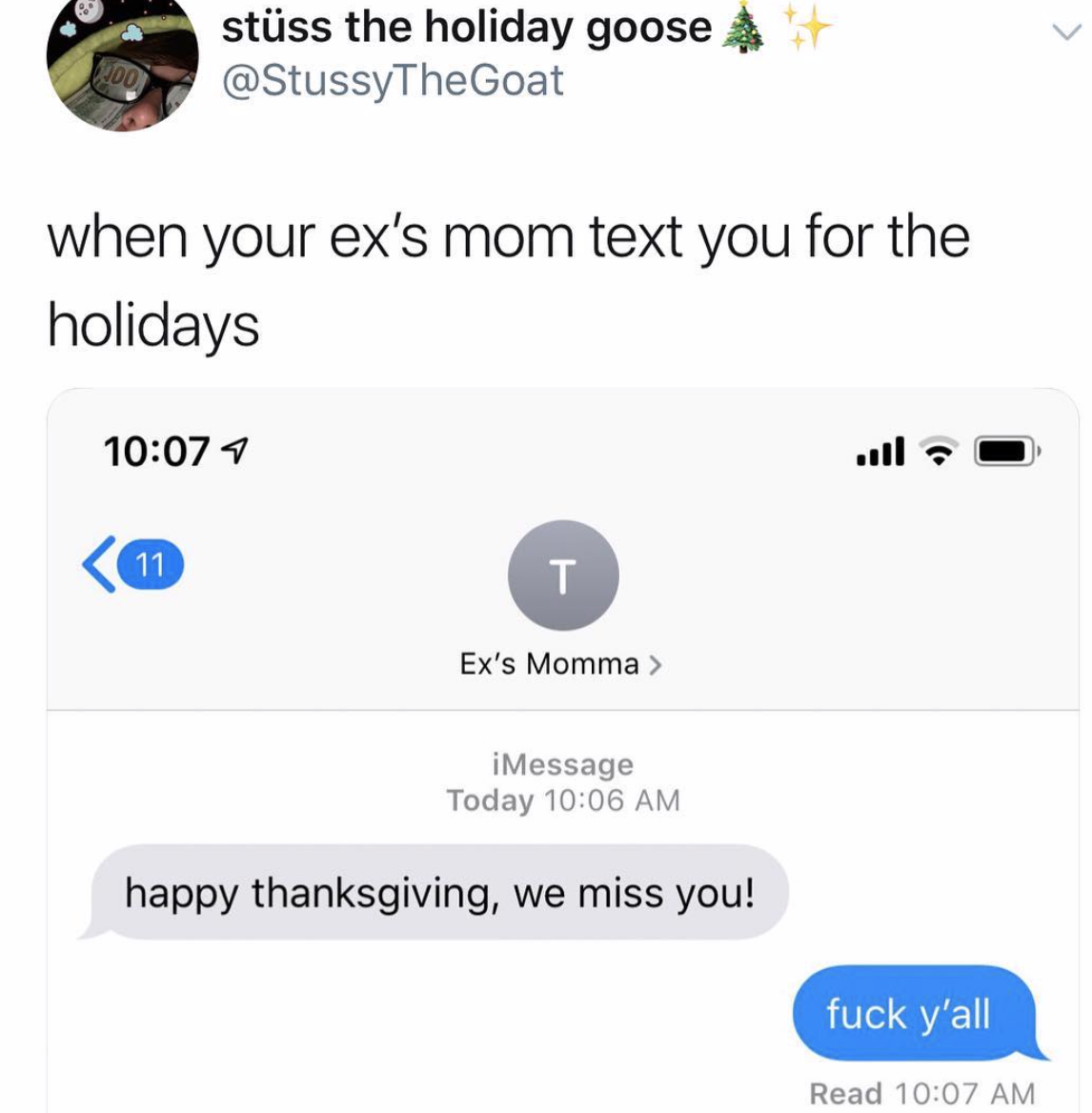 web page - stss the holiday goose A when your ex's mom text you for the holidays