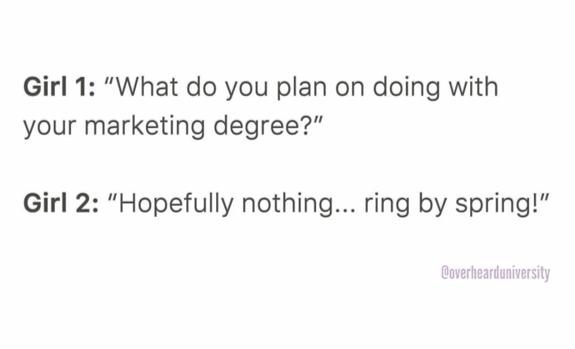document - Girl 1 "What do you plan on doing with your marketing degree?" Girl 2 "Hopefully nothing... ring by spring!" Coverhearduniversity