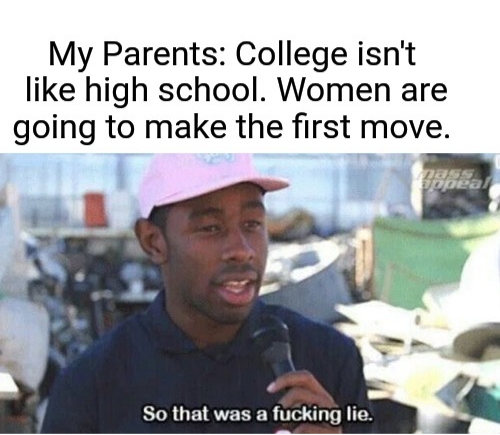 relationship meme - so that was a fucking lie meme - My Parents College isn't high school. Women are going to make the first move. So that was a fucking lie.