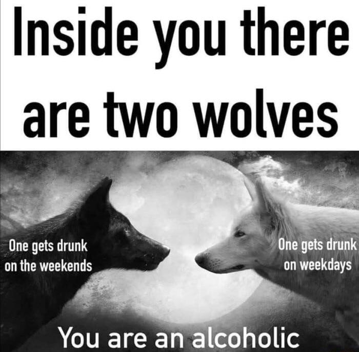 photo caption - Inside you there are two wolves One gets drunk on the weekends One gets drunk on weekdays You are an alcoholic