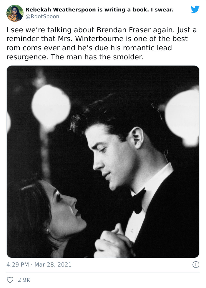 photograph - Rebekah Weatherspoon is writing a book. I swear. I see we're talking about Brendan Fraser again. Just a reminder that Mrs. Winterbourne is one of the best rom coms ever and he's due his romantic lead resurgence. The man has the smolder.