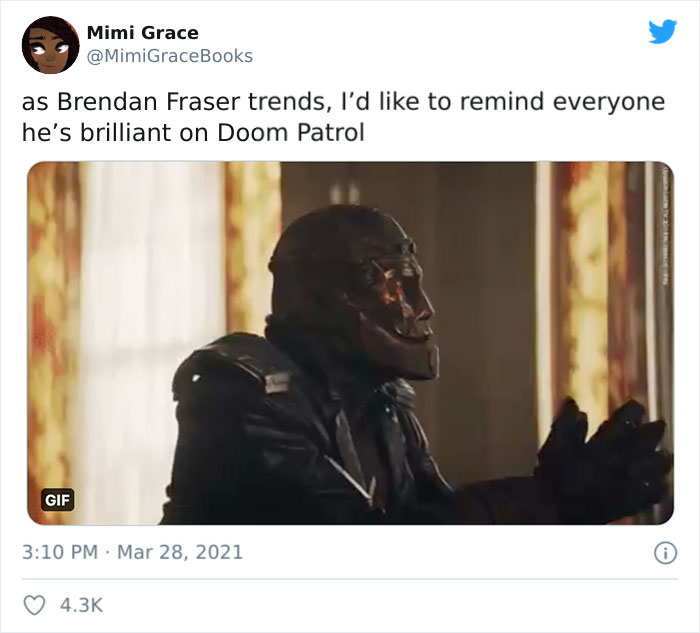 photo caption - Mimi Grace as Brendan Fraser trends, I'd to remind everyone he's brilliant on Doom Patrol Gif