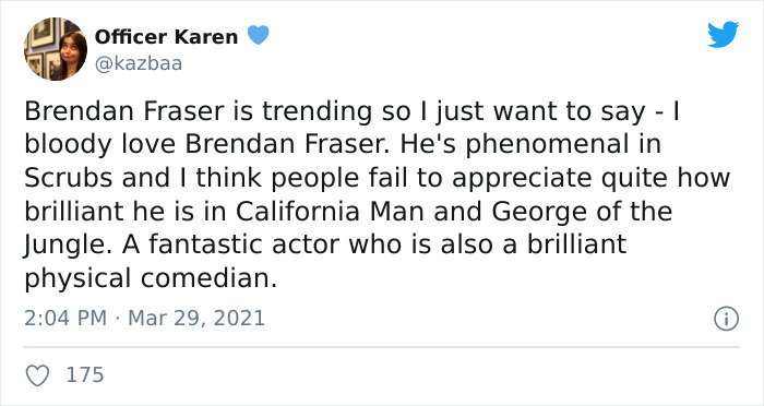danileigh yellow bone tweet - Officer Karen Brendan Fraser is trending so I just want to say | bloody love Brendan Fraser. He's phenomenal in Scrubs and I think people fail to appreciate quite how brilliant he is in California Man and George of the Jungle