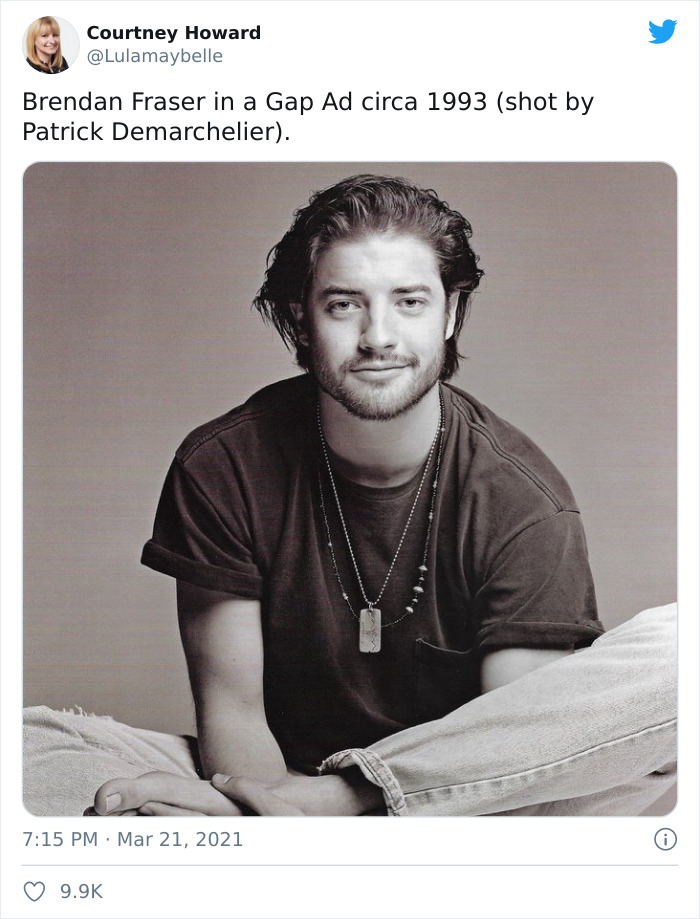 brendan fraser - Courtney Howard Brendan Fraser in a Gap Ad circa 1993 shot by Patrick Demarchelier.