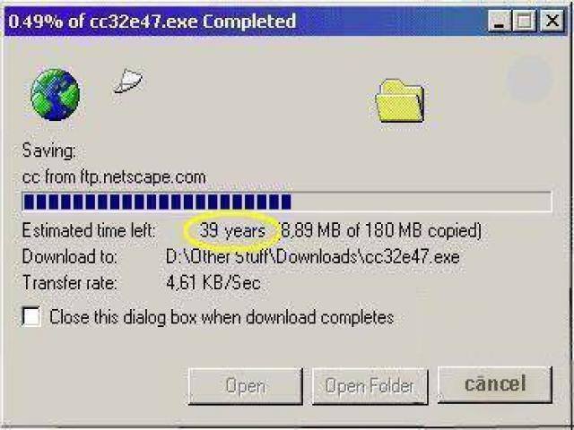 downloading in 90s - 0.49% of cc32e47.exe Completed Ox Saving cc from ftp.netscape.com Estimated time left 39 years 8,89 Mb of 180 Mb copied Download to DOther Stuff Downloads\cc32e47.exe Transfer rate 4,61 KbSec Close this dialog box when download comple