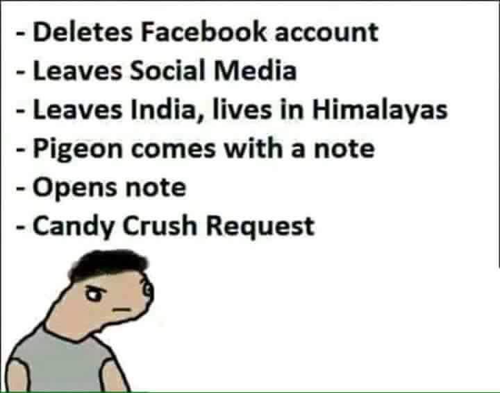 cartoon - Deletes Facebook account Leaves Social Media Leaves India, lives in Himalayas Pigeon comes with a note Opens note | Candy Crush Request