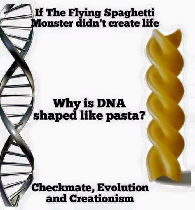 flying spaghetti monster meme - If The Flying Spaghetti Monster didn't create life Why is Dna shaped pasta? Checkmate, Evolution and Creationism