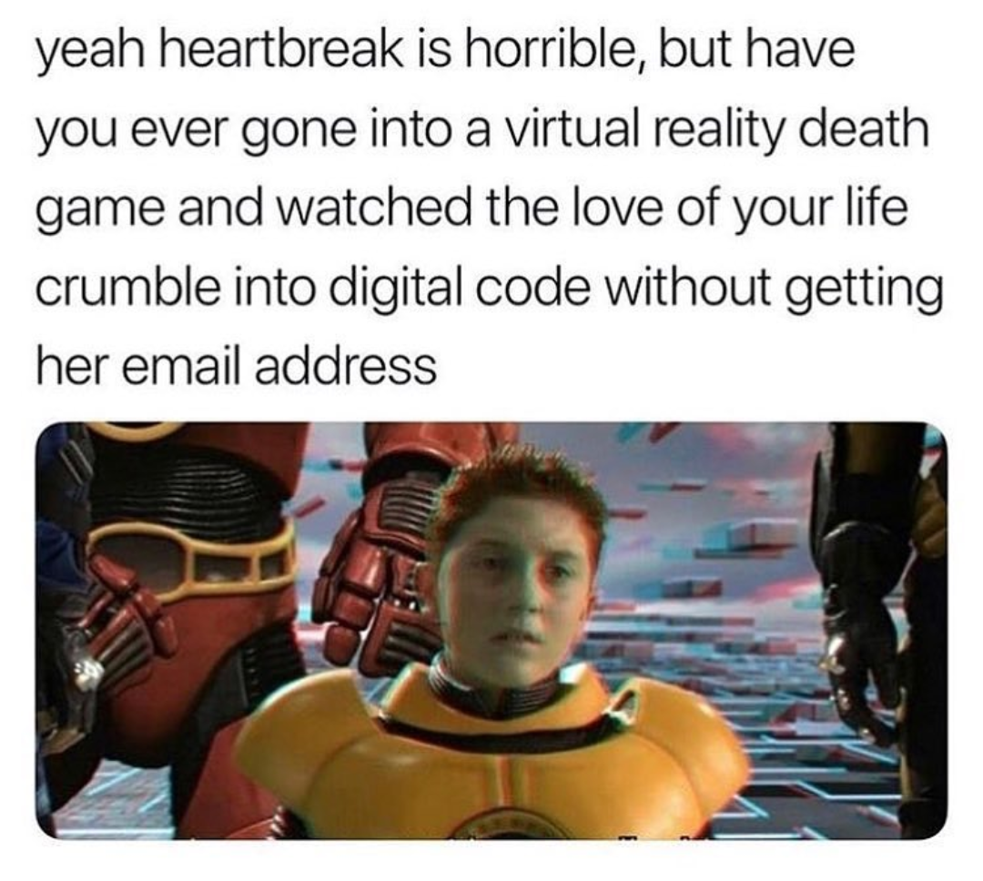 spy kids email address meme - yeah heartbreak is horrible, but have you ever gone into a virtual reality death game and watched the love of your life crumble into digital code without getting her email address