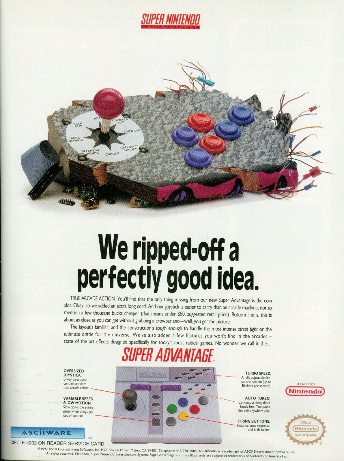 vintage gaming ads - super advantage - Super Nintendo Entertainment Syster Forward Flip Baie Forward Back Defense Defensive Crouch Offensive Crouch Crouch We rippedoff a perfectly good idea. True Arcade Action. You'll find that the only thing missing from