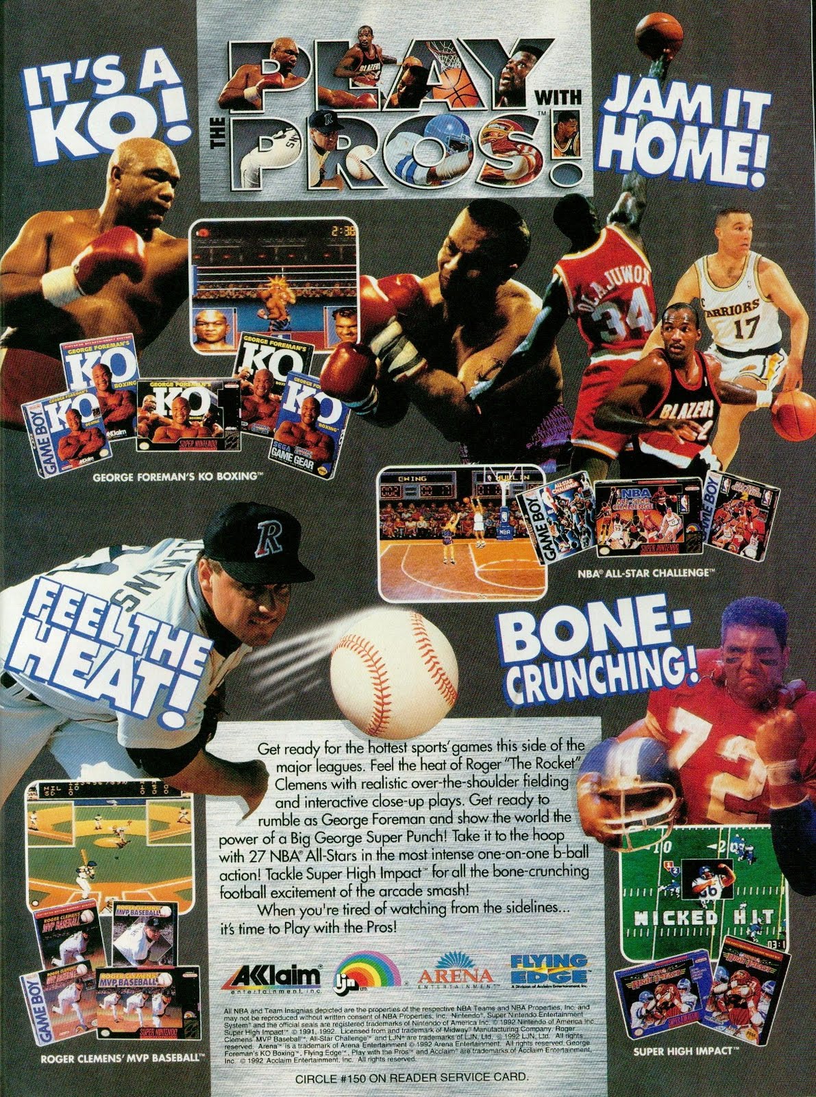 vintage gaming ads - acclaim sports games - It'S A Sa P Yjam With Jam It Home Balance Efelthe Bone Crunching! Or Get ready for the hotted sports game of the malaguer Fotball Roger The Rocket Clermons with redat cor the shoulder Beding and interactive clow