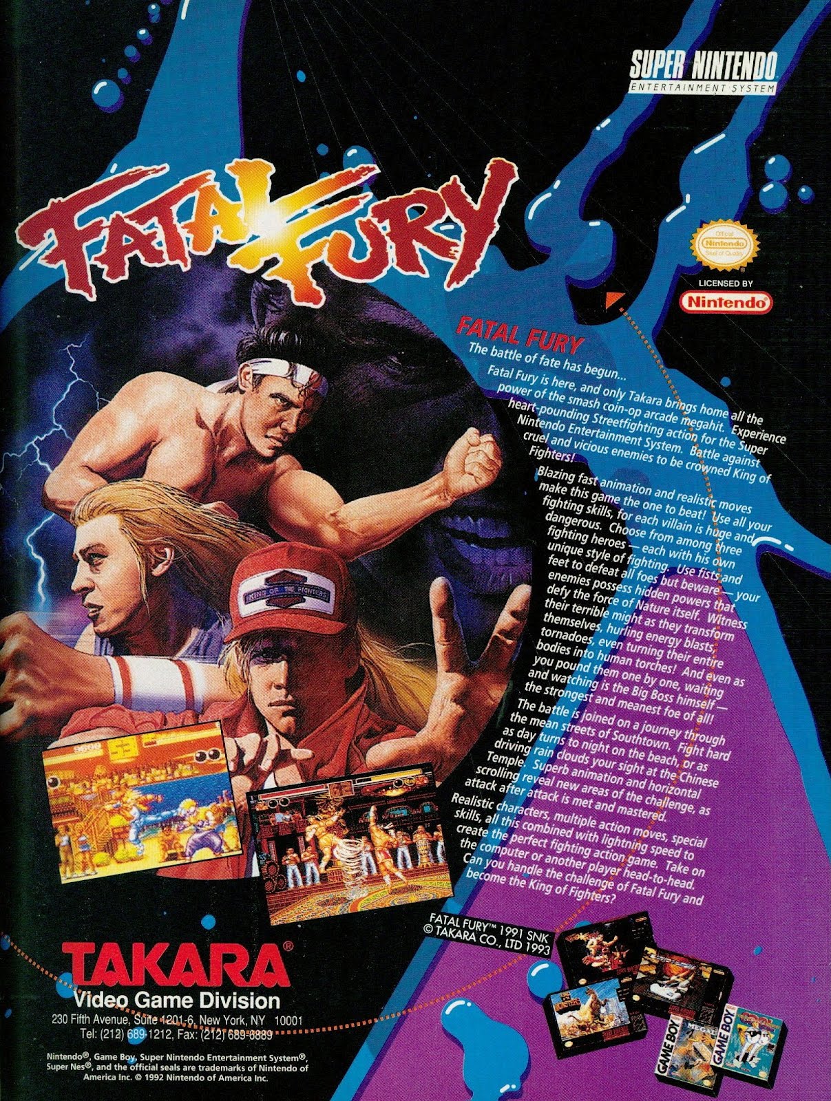 vintage gaming ads - fatal fury - Super Nintendo Male Fury h of the C op E De ar trebui Apar Hana An en bon in the We ar enim Graws Takara Video Game Division 220 mA . Hyny 1000 TH1 01352, Fax