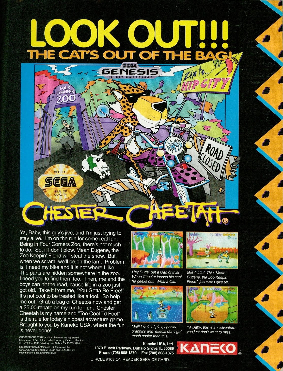 vintage gaming ads - snes - Look Out!!! The Cat'S Out Of The Bage Genesis ashle Sega Hester Scafetar Ya, Baby, this guy' tje, and I'm just thing to stay alive. Im on the run for some rean. Being in Four Conan Zoo, there's not much to do. So, if don't blow