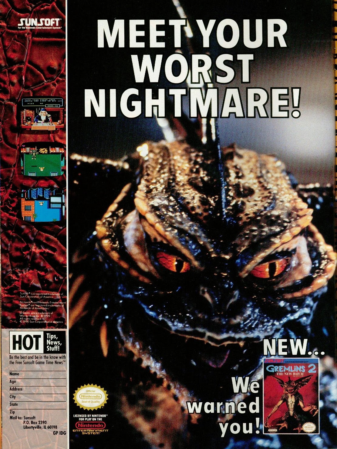 vintage gaming ads - best game ads - Sun.Soft Meet Your Worst Nightmare! Hots New. We warned you! M