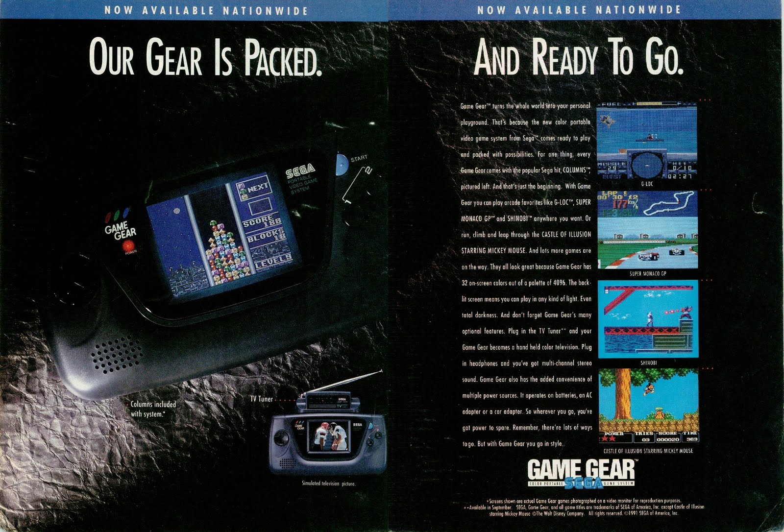 vintage gaming ads - Now Available Nationwide Now Available Nationwide Our Gear Is Packed. And Ready To Go. Game Gear turns the whole world into your personal playground. That's because the new color portable Start Sega GLoc Portable Video Game System vid