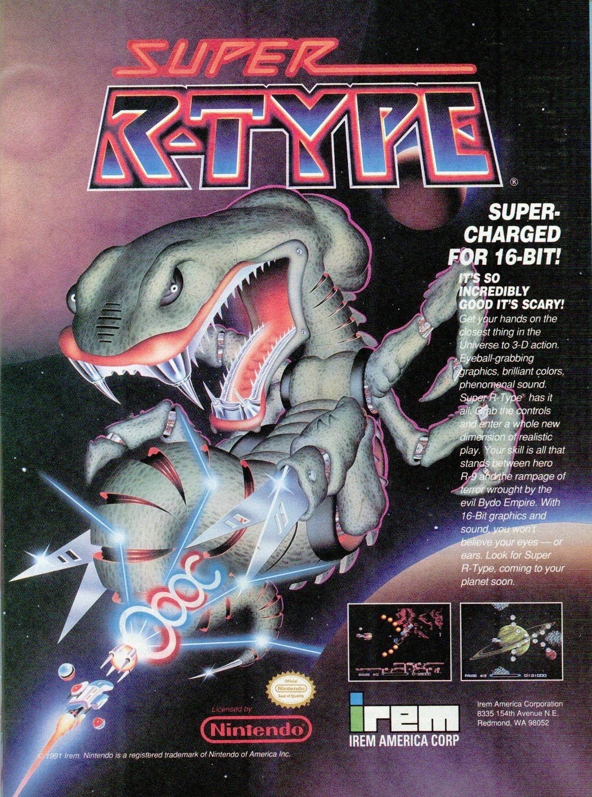 vintage gaming ads - super r type snes - Super Charged For 16Bit! It'S So Incredibly Good It'S Scary! on the r ing the S 3D action graborg raphics, colors, phenoto sound Se has contos play A gaf Wought by do Emers sound 200 D. Lorus par Ire Nintendo Bem A
