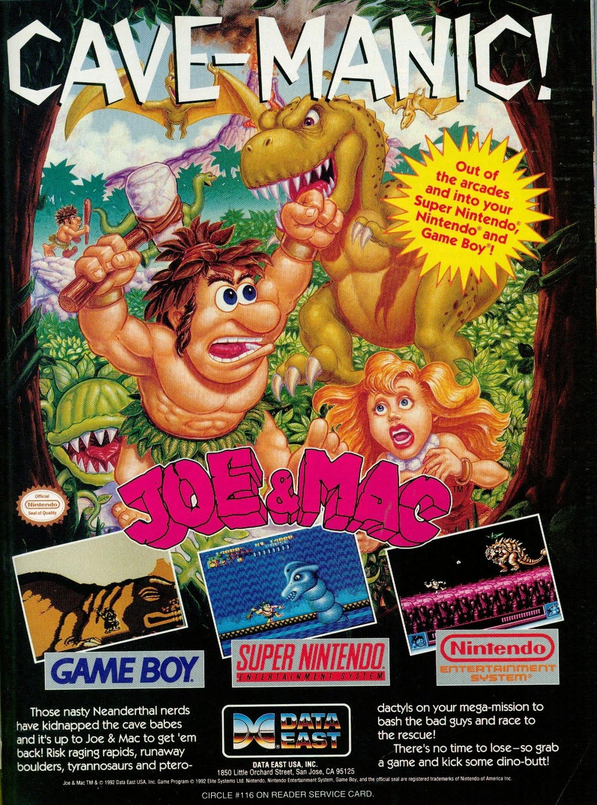 vintage gaming ads - Video game - CaveManic! Out of the arcades and into your Super Nintendo, Nintendo' and Game Boy! Game Boy Nintendo Super Nintendo Those nasty Neanderthal nerd have kidnapped the cave babes and 's up to Joe & Mac to get 'em back Risk r