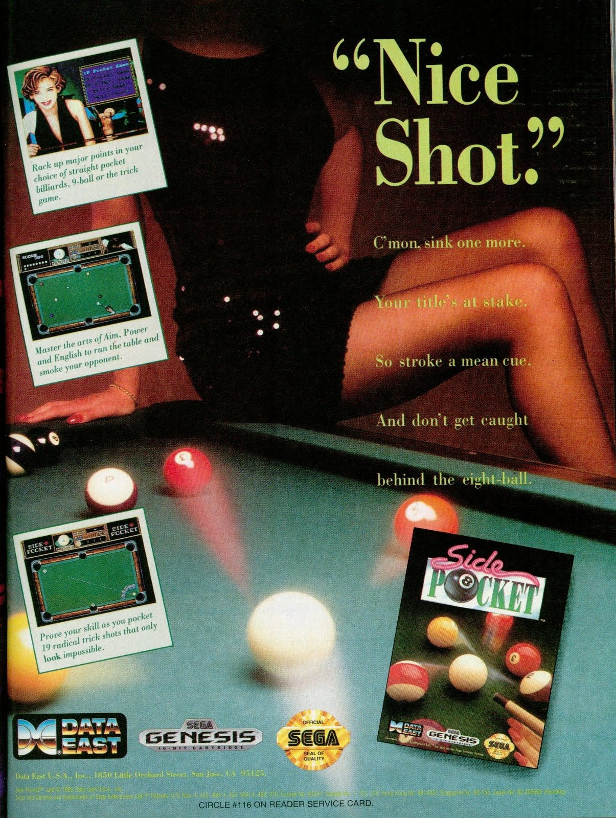 vintage gaming ads - side pocket sega genesis - 6Nice Shot?? Cmor, sink onere Your tout la So stroke a mean one And don't get caught behind the eight buil Pocket Mbao Genesis Setta