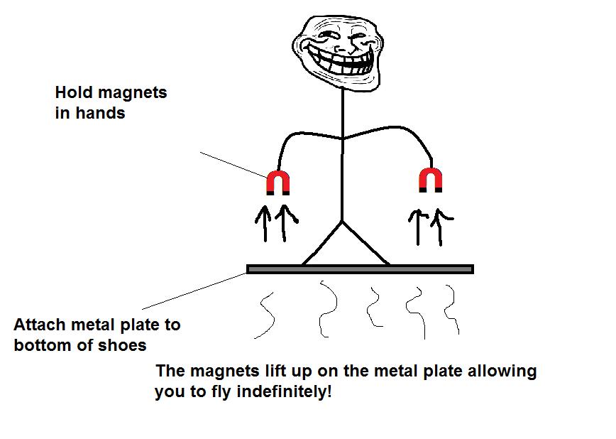 physics troll - Hold magnets in hands s2292 Attach metal plate to bottom of shoes The magnets lift up on the metal plate allowing you to fly indefinitely!