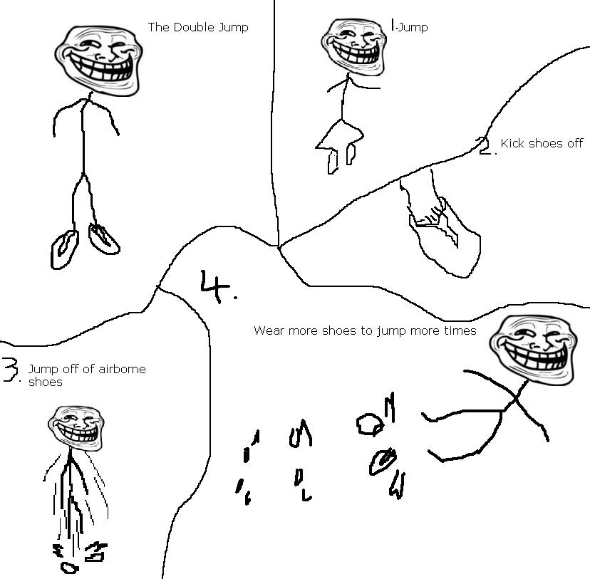 troll face - The Double Jump 1. Jump 2 Kick shoes off w Wear more shoes to jump more times Jump off of airborne I. shoes &