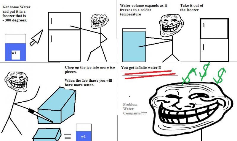 troll physics ice - Get some Water and put it in a freezer that is 300 degrees. Water volume expands as it freezes to a colder temperature Take it out of the freezer Chop up the ice into more ice pieces. You get infinite water!!! When the Ice thaws you wi