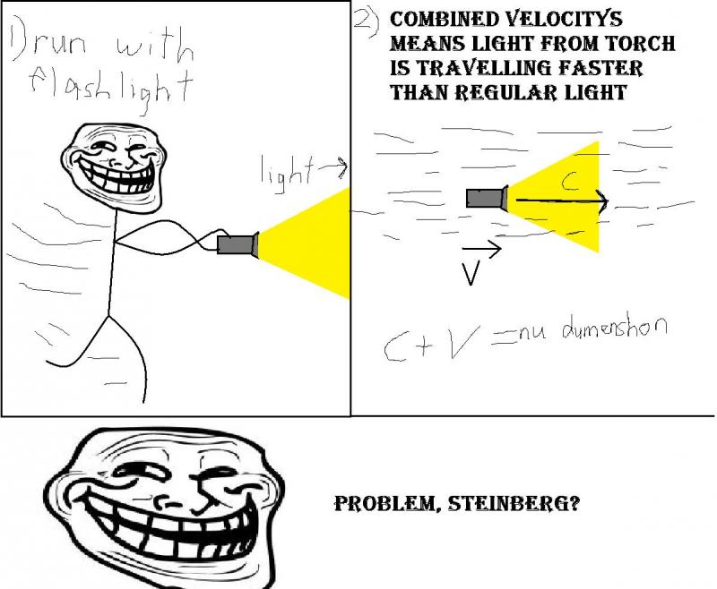 troll physics faster than light - Drun with flashlight Combined Velocitys Means Light From Torch Is Travelling Faster Than Regular Light light Ctv nu dumenshon Problem, Steinberg?