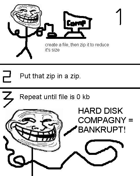 physics troll meme - create a file, then zip it to reduce it's size Put that zip in a zip. Repeat until file is O kb Hard Disk Compagny Bankrupt!