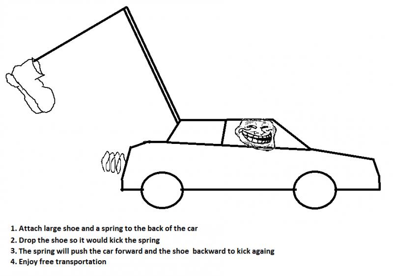 troll physics car - 1. Attach large shoe and a spring to the back of the car 2. Drop the shoe so it would kick the spring 3. The spring will push the car forward and the shoe backward to kick againg 4. Enjoy free transportation