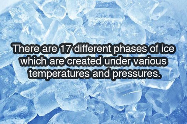There are 17 different phases of ice which are created under various temperatures and pressures.