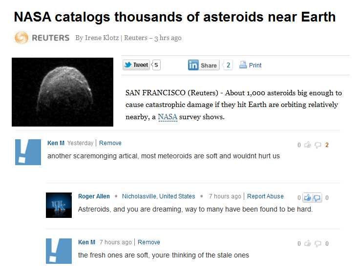 ken m best - Nasa catalogs thousands of asteroids near Earth Reuters By Irene Klotz | Reuters 3 hrs ago Tweet 5 in 2 Print San Francisco Reuters About 1,000 asteroids big enough to cause catastrophic damage if they hit Earth are orbiting relatively nearby