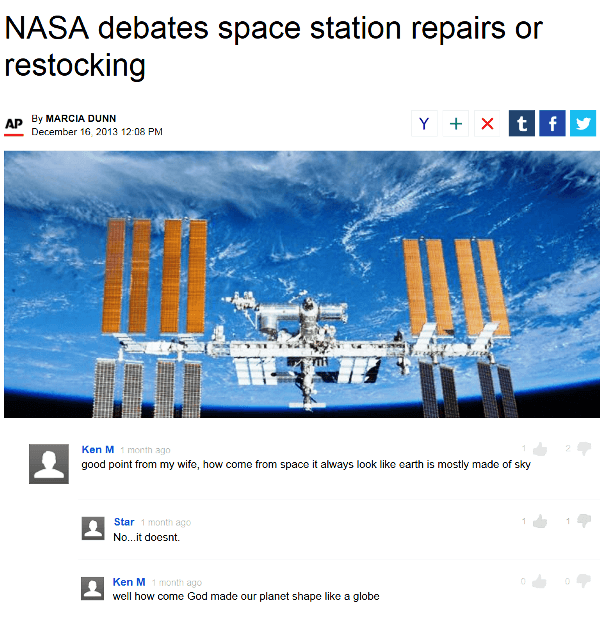 space station - Nasa debates space station repairs or restocking Y x tfy Ap By Marcia Dunn Ken M 1 month ago good point from my wife, how come from space it always look earth is mostly made of sky Star 1 month ago No...it doosnt. Ken Mons Ken M 1 month ag