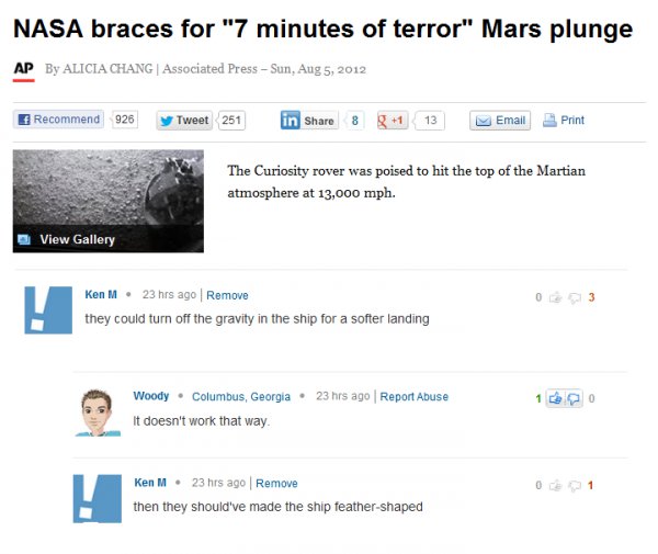 ken m best - Nasa braces for "7 minutes of terror" Mars plunge Ap By Alicia Chang | Associated Press Sun, Recommend 926 y Tweet 251 in 8 g 1 13 Email Print The Curiosity rover was poised to hit the top of the Martian atmosphere at 13,000 mph. View Gallery