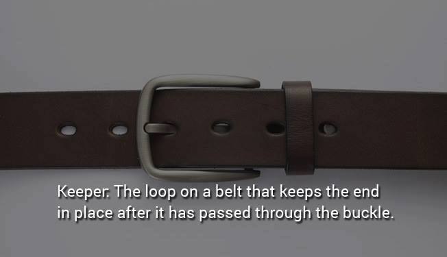 belt - Keeper. The loop on a belt that keeps the end in place after it has passed through the buckle.