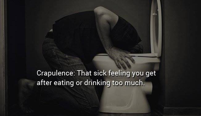 diarrhea in real life - Crapulence That sick feeling you get after eating or drinking too much.
