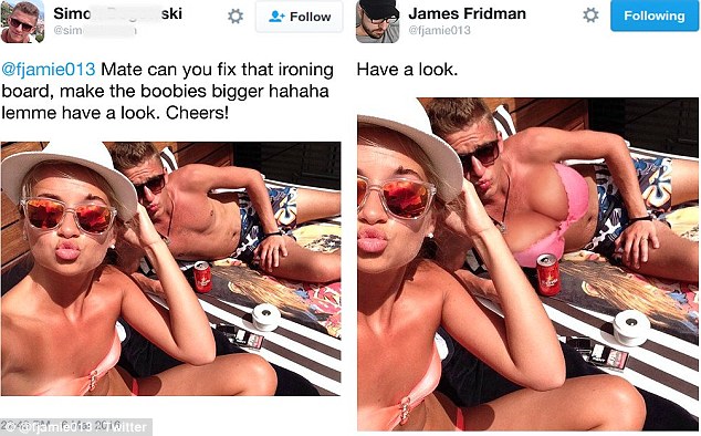 he asks for boob - Simo s ki ing James Fridman Mate can you fix that ironing Have a look. board, make the boobies bigger hahaha lemme have a look. Cheers! 2048 jam 0163 20 Bitter