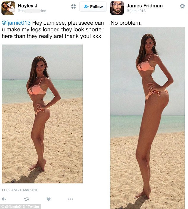 photoshop legs - Hayley J James Fridman Cha line Hey Jamieee, pleasseee can No problem. u make my legs longer, they look shorter here than they really are! thank you! Xxx Twitter