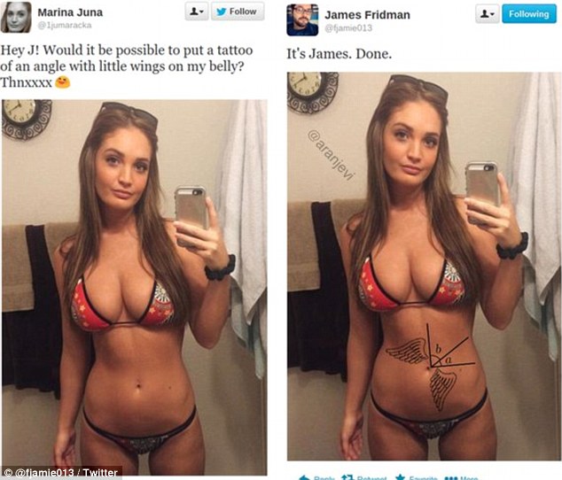 james fridman angle tattoo - 1 y Marina Juna ljumaracka ing James Fridman fjamie013 Hey J! Would it be possible to put a tattoo of an angle with little wings on my belly? Thnxxxx o Twitter 20