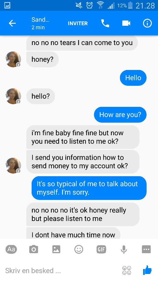 sandra jones facebook - 12%21.28 K O Sand... 2 min Sand. Inviter Inviter no no no tears I can come to you honey? Hello hello? How are you? i'm fine baby fine fine but now you need to listen to me ok? I send you information how to send money to my account 