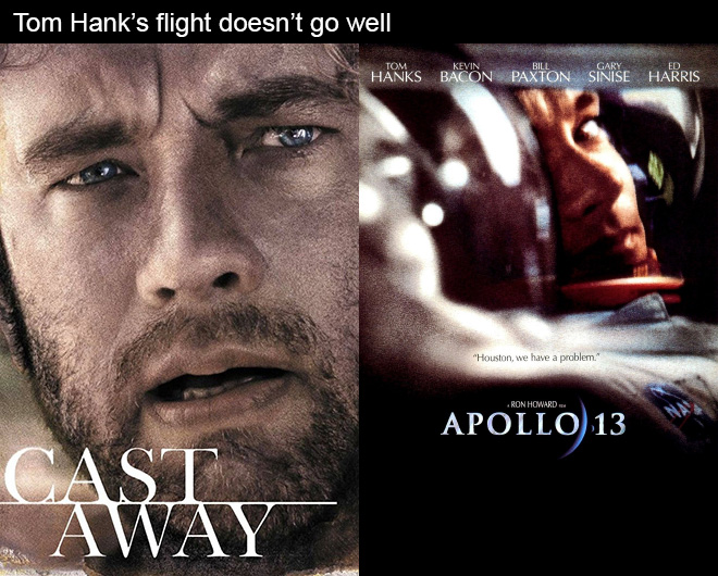 movies with same plot - cast away movie cover - Tom Hank's flight doesn't go well Tom Gary Hanks Bacon Paxton Sinise Harris Kevin Bill Ed "Houston, we have a problem." Ron Howard Apollo 13 Cast Away