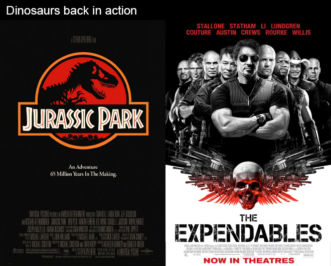 movies with same plot - expendables - Dinosaurs back in action Stallone Statham Li Lundgren Couture Austin Crews Rourke Willis Jurassic Park An Adventure 65 Million Years In The Making Une Petites Bottane Suell Lapt Ha Et Elluv A Harah That Has They Winer