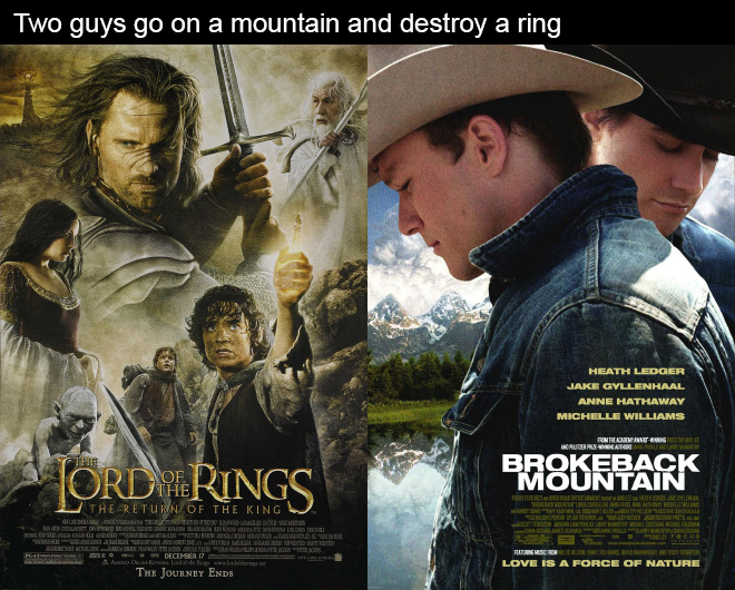 movies with same plot - brokeback mountain poster - Two guys go on a mountain and destroy a ring Heath Ledger Jake Gyllenhaal Anne Hathaway Michelle Williams Frontemente De Wcause Penatge Brokeback Mountain The Of The The Return Of The King Content Admint