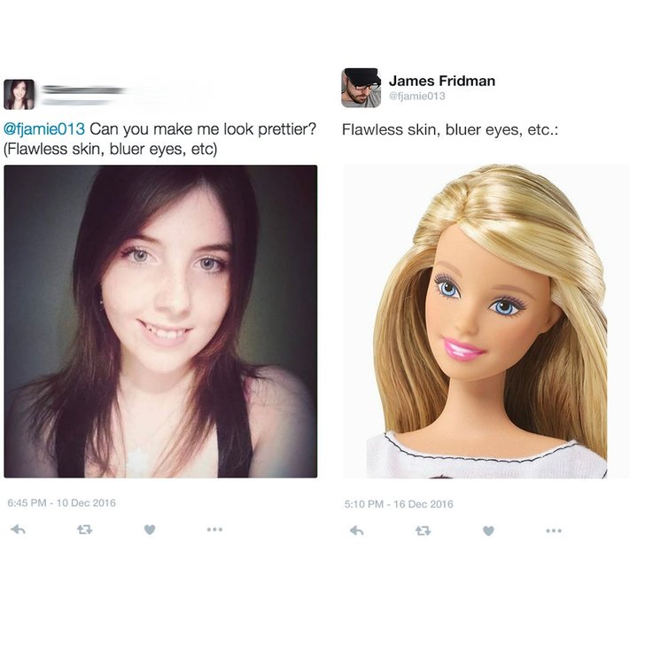 funny photoshop - James Fridman Flawless skin, bluer eyes, etc. Can you make me look prettier? Flawless skin, bluer eyes, etc