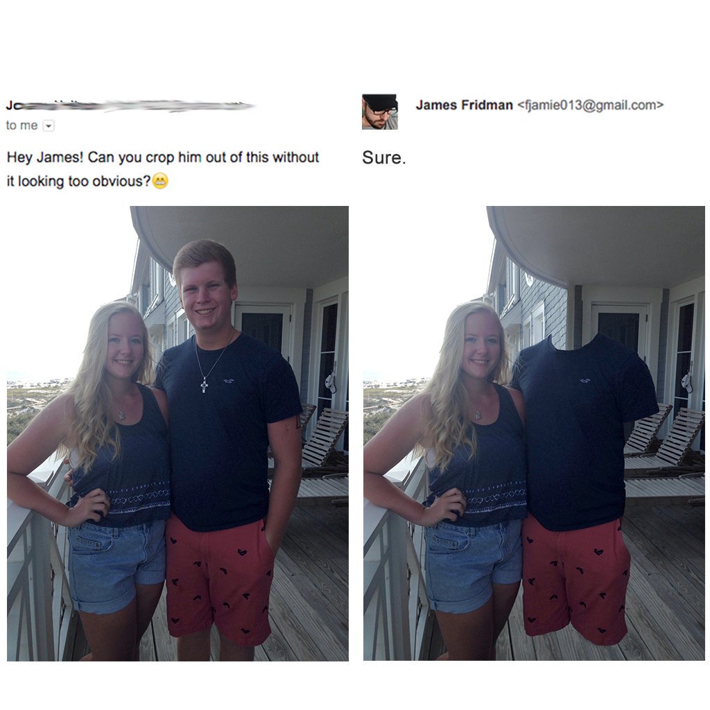 photoshop twitter james fridman - James Fridman  to me Sure. Hey James! Can you crop him out of this without it looking too obvious?