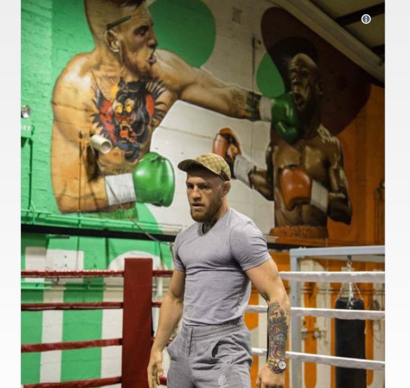 Conor McGregor selfie while training in the ring with giant mural behind him of punching Floyd Mayweather in the face.