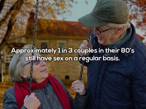 Old couple enjoying the outdoors and fun fact about how 1 in 3 couples in their 80's still have sex on regular basis.
