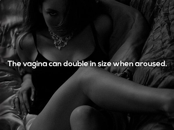 Hot girl in bathing suit black and white photo with fun fact about how the vagina can double in size when aroused.