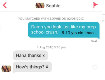website - Sophie You Matched With Sophie On 02082017 Damn you look just my prep school crush. 813 yrs old Imao Sent , Haha thanks x How's things? X