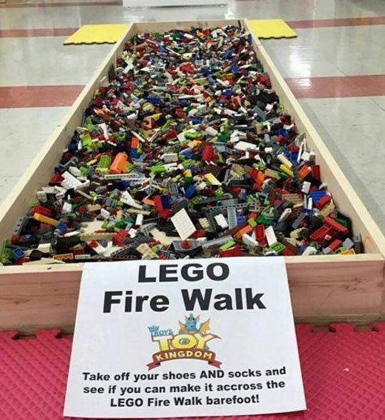 painful funny - Lego Fire Walk where Lon Ty Kingdom Take off your shoes And socks and see if you can make it accross the Lego Fire Walk barefoot!